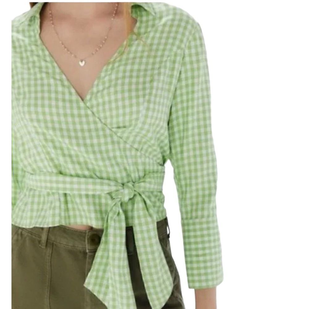 Urban Outfitters Wrap Top Gingham Print Lime Green and White Size Medium